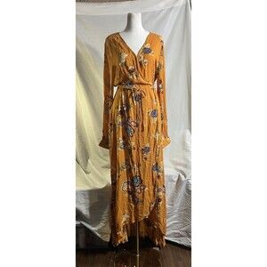 Patrons of Peace Dress Woman’s S Floral Maxi Golden Yellow Boho Wrap